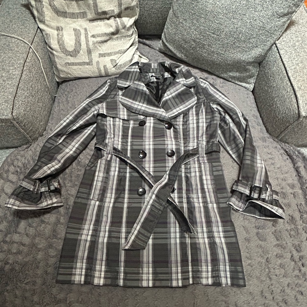 Willi Smith Black and Gray Plaid Trench Coat
